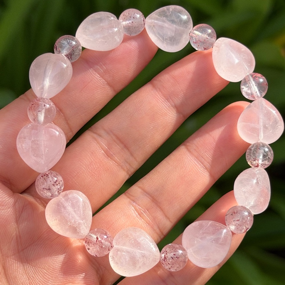 14mm‎ stretchable pink rose quartz heart strawberry quartz bracelet